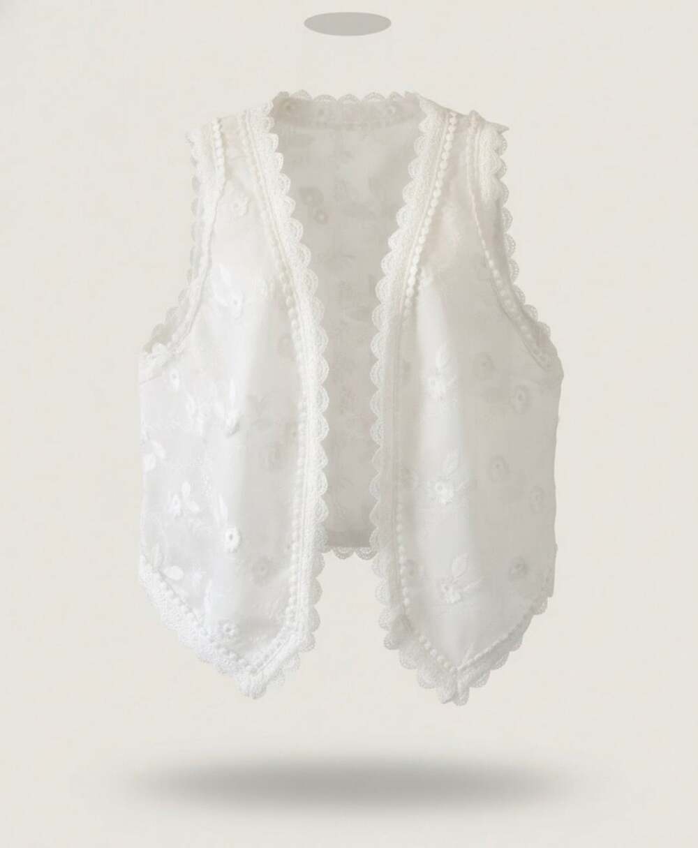 Floral Embroidered Lace Vest Size XL White Sleeveless Open Front